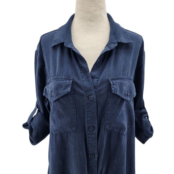 Cloth & Stone Womens Small Dress Frayed Roll Tab Sleeve Midi Shirt Dress Blue - Picture 4 of 12